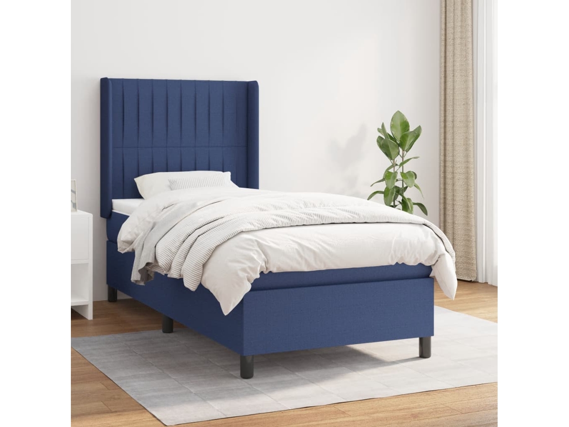 Cama Box Spring Con Colchón Tela Azul 90x200 Cm