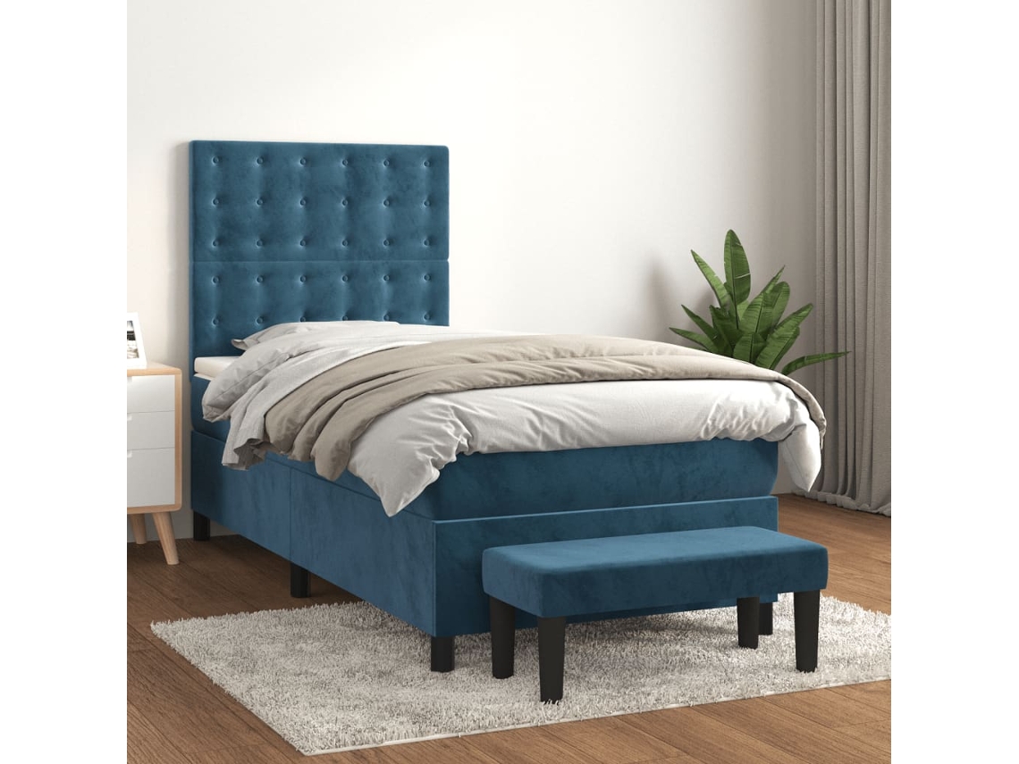Cama Box Spring Con Colchón Terciopelo Azul Oscuro 100x200 Cm
