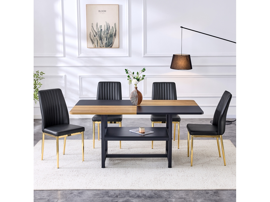 Conjunto Mesa Comedor 160x90x76 Cm - Mesa Rectangular Con Estante Multifuncional + 4 Sillas Negras De Cuero Sintético - Negro+dorado, Blanco