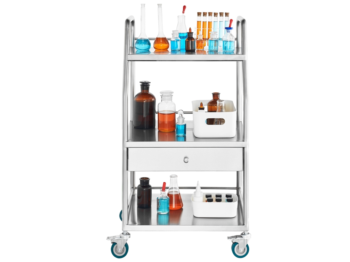 Carro de laboratorio dental Succebuy con ruedas, 3 niveles y 1 cajón, acero inoxidable