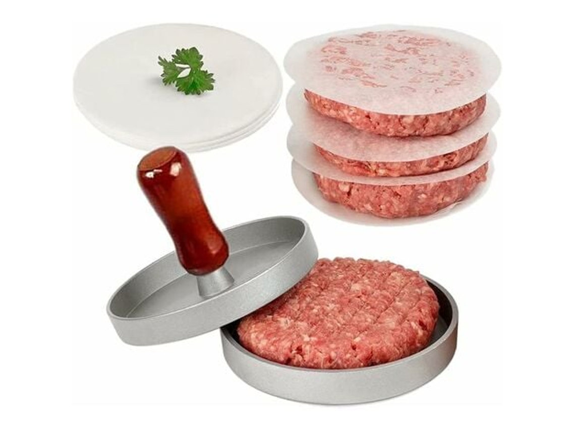 JEIIBRZUI Prensa de hamburguesa de 12 cm con acabado mate 100 hojas de papel pergamino