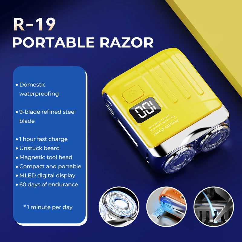 (r19 Amarillo) Afeitadora Eléctrica Inteligente, Pantalla Digital, Mini Cabezal De Doble Hoja, Afeitadora De Viaje, Recargable