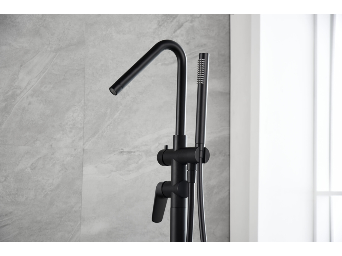 Mezclador de Baño y Ducha de Pie en Latón y Zamak Negro Mate con Maneta Cerámica y Tubo PVC Imex