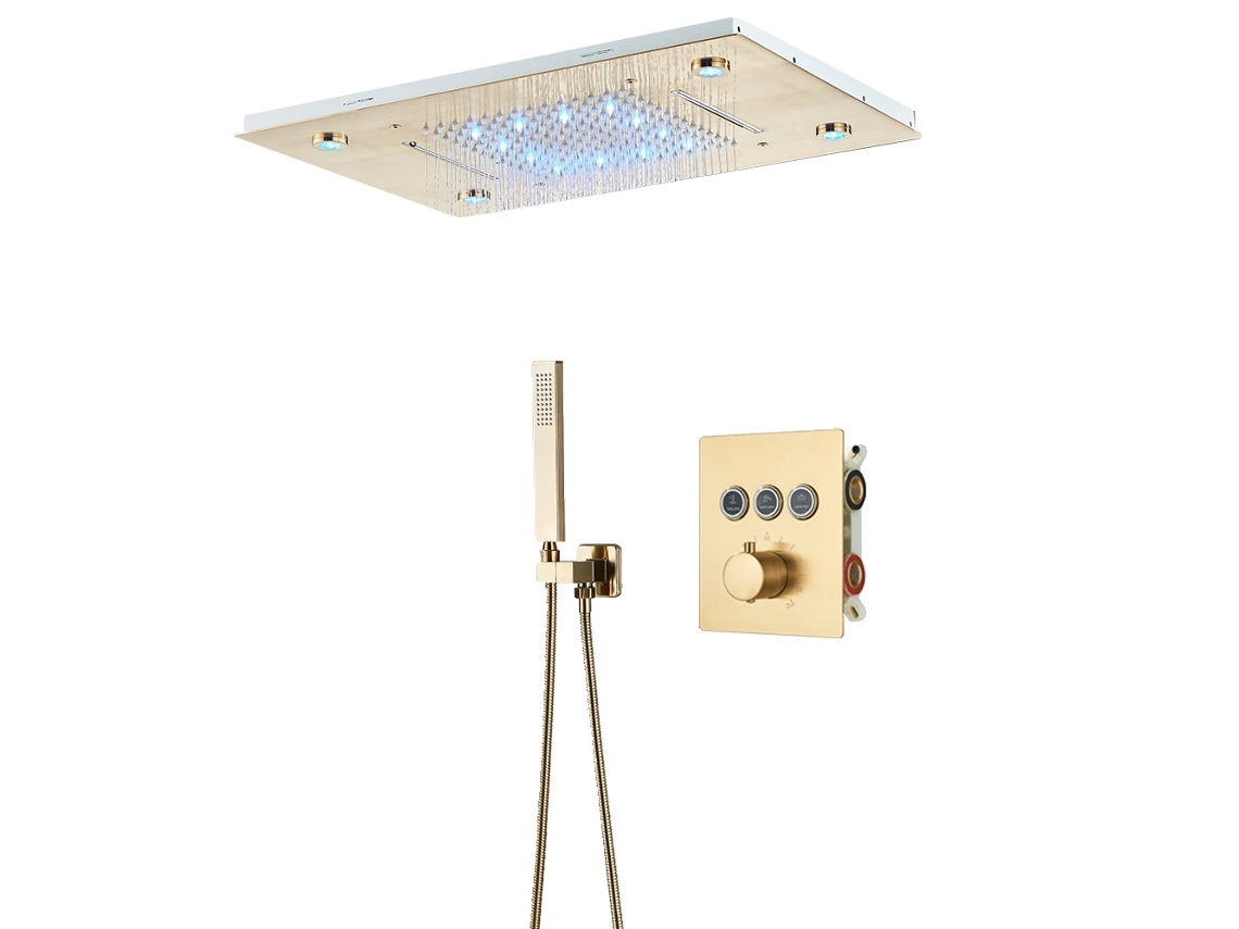 Columnas de ducha LED de lluvia con control termostático, cabezal de ducha de latón de 36 x 50 cm, juego de oro cepillado