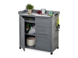Mesa de jardinería Relaxdays con armario, 3 ganchos, madera, tablero de metal, 92 x 90 x 45 cm (alto x ancho x profundidad), gris.