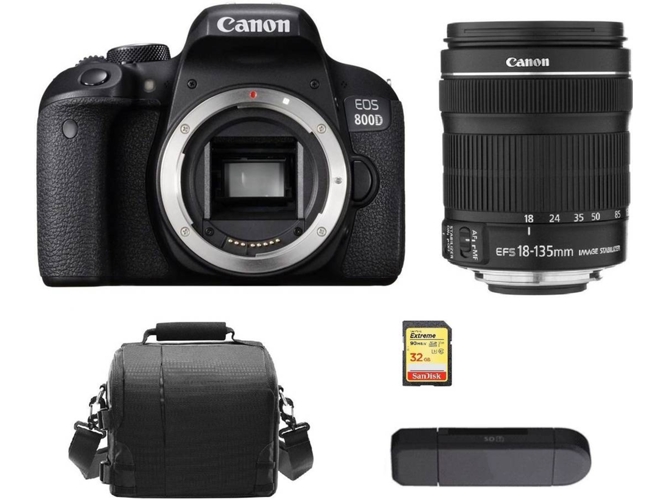 Kit Cámara Réflex CANON EOS 800D EF-S 18-135mm F3.5-5.6 IS STM + SD de 32GB + Bolsa + Lector de Tarjetas