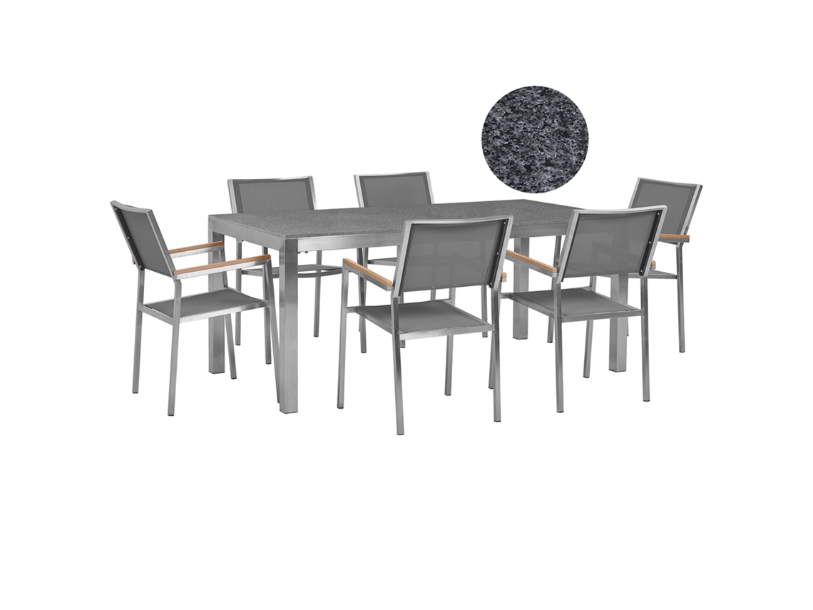 Conjunto de jardín mesa con tablero de piedra natural 180 cm con 6 sillas grises BELIANI Grosseto