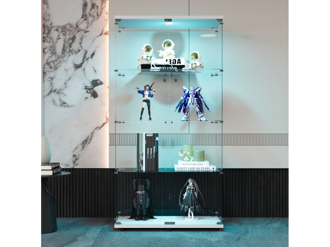 Vitrina de cristal con 4 nichos, armario de cristal con doble puerta, iluminación LED y visualización de fecha, para recibidor, salón y dormitorio, blanco ROSAHQNDA