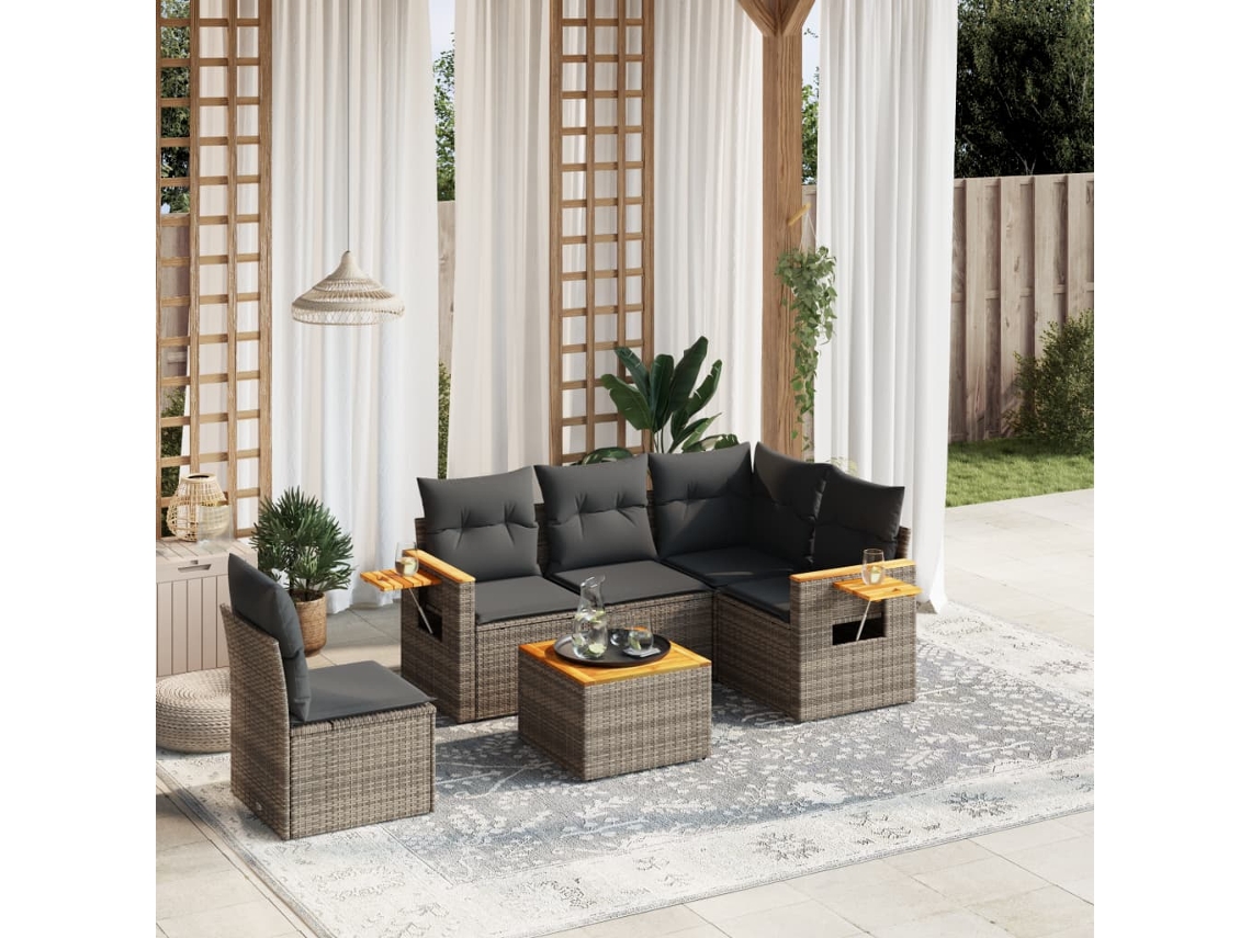 Conjunto de sofá de jardín de 6 piezas con cojines de mimbre gris, Dkd Home Decor
