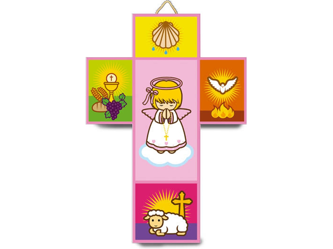 Figura Decorativa LITTLE DROPS OF WATER Cruz con símbolos Ángel Niña (Multicolor - Resina)
