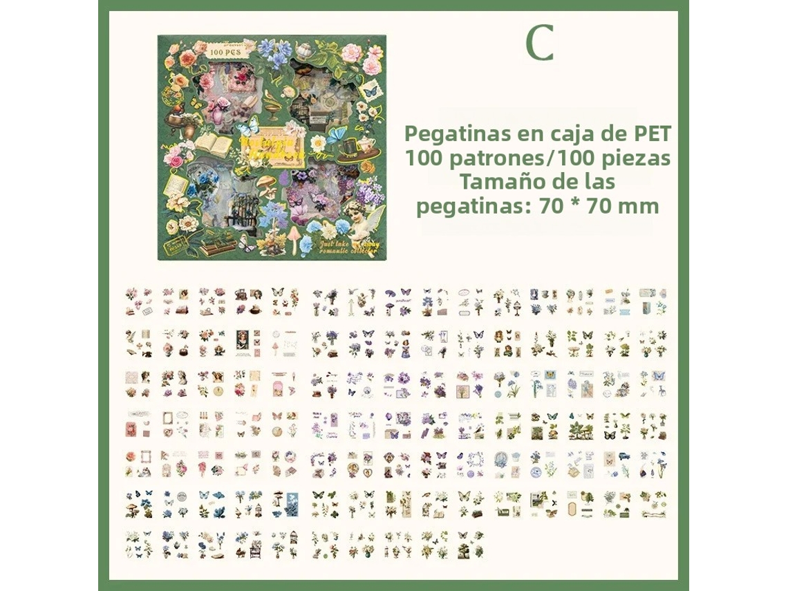(Estilo 3) 100 pegatinas decorativas vintage, ideales para cajas de regalo, fabricadas en material PET impermeable.