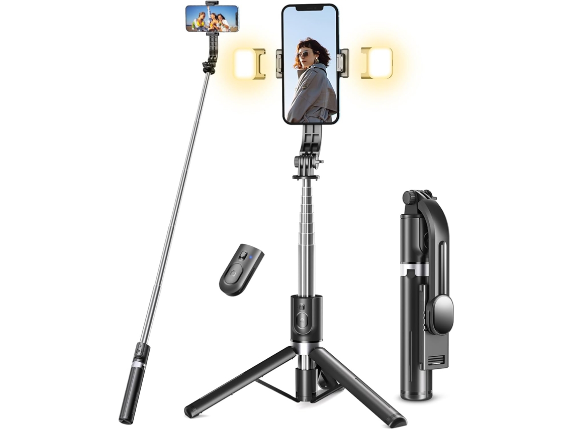 Tripé Selfie Stick Con 2 Luces Led, Estabilizador Para Móvil Con Control Extraíble, 114 Cm – Compatible Con Ios, Samsung, Android