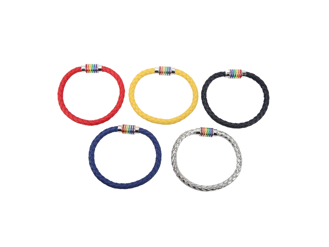 Juego De 5 Pulseras De Cuero Trenzado Con Cierre Magnético - Rojo, Azul, Plateado, Amarillo, Azul Marino - Set De Regalo