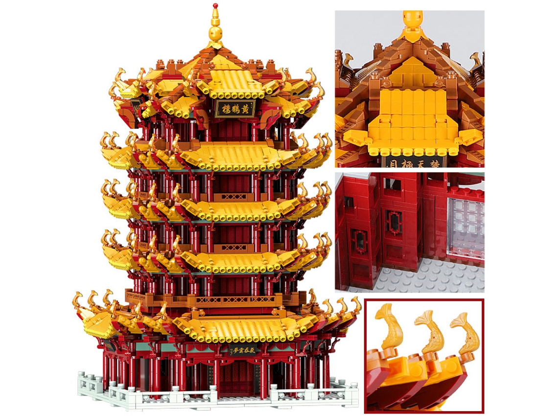 Modelo de grúa-pagoda amarilla con bloques de construcción - Juguetes y regalos famosos - MDUG