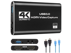 Tarjeta de captura de transmisión USB 3.0 4K 60Hz con puertos de audio y micrófono y cables USB 3.0/HDMI color negro Yizhood