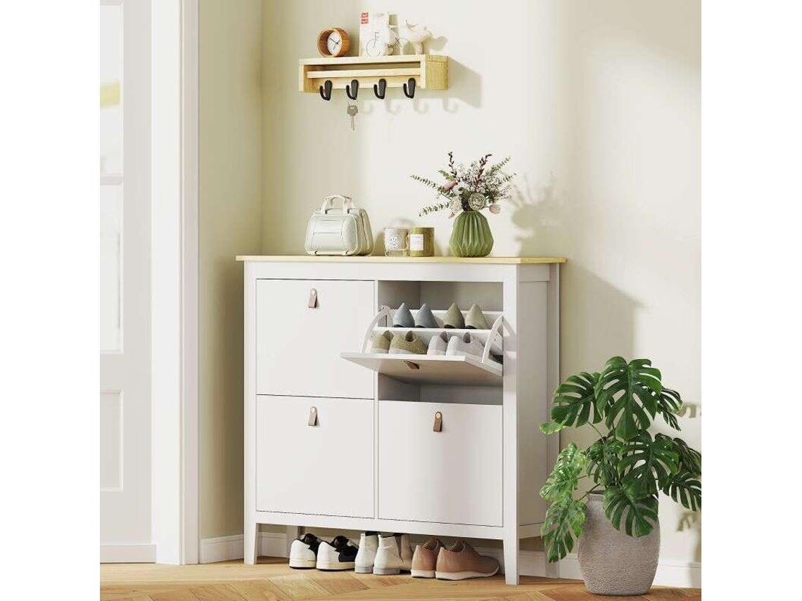 Zapatero con capacidad para 20 pares, 4 cajones, puertas con bisagras, estantes extraíbles y ajustables, color blanco.