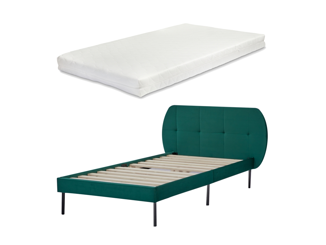 Cama con Colchón y Cabecero Tapizada Porvoo [EN.CASA] Madera de Pino Terciopelo Verde (90x200cm)