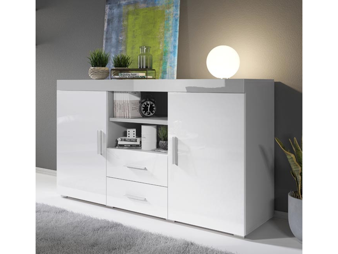 Aparador Manvy 140x80x40 cm Gris y Blanco Brillo Diseño Moderno Fabricado en España Domensino