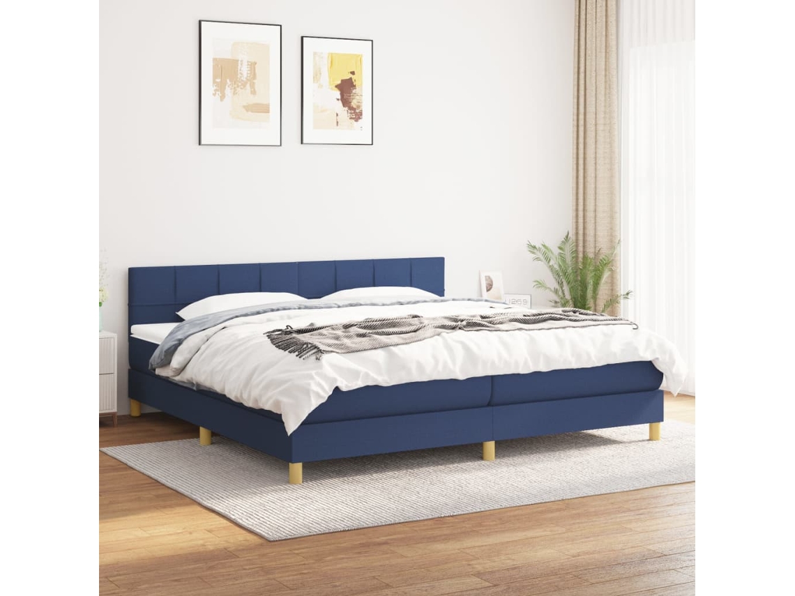 Cama Box Spring Con Colchón Tela Azul 200x200 Cm