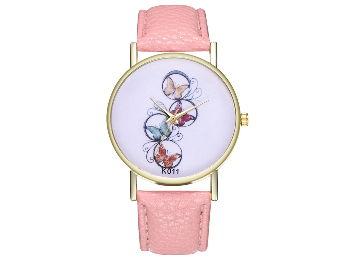 Reloj De Pulsera Unisex De Cuarzo Con Correa De Piel Sintética Con Estampado De Mariposas Rosas.