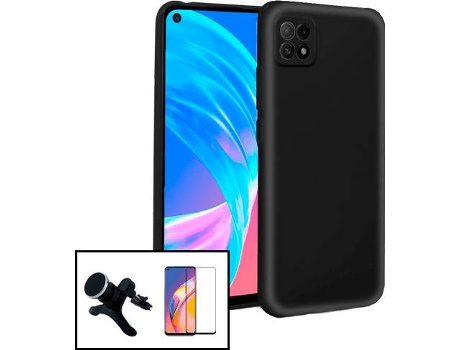 Carcasa + Protector Cristal Templado + Soporte Oppo A73 5G PHONECARE Silicona Líquida Negro