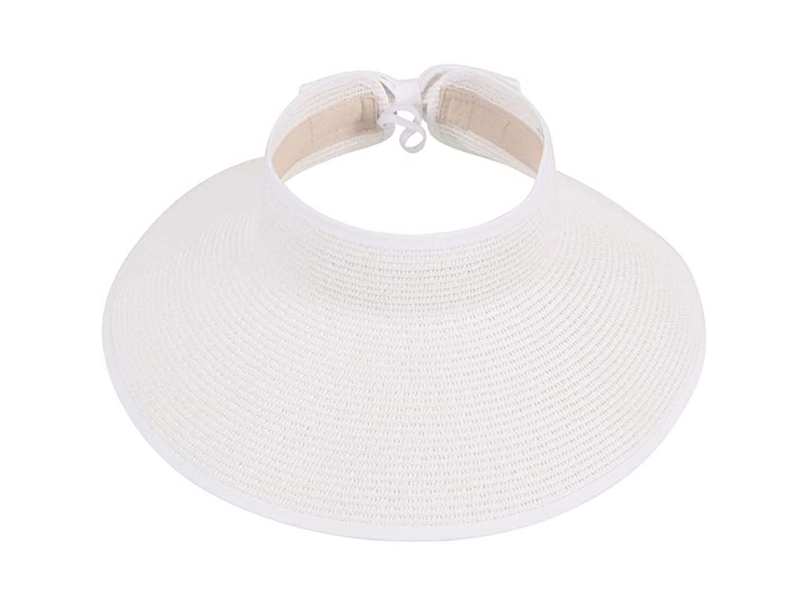 Sombrero De Paja Enrollado De Ala Ancha Para Mujer, Blanco, Con Protección Solar, Ajustable Y Compacto.