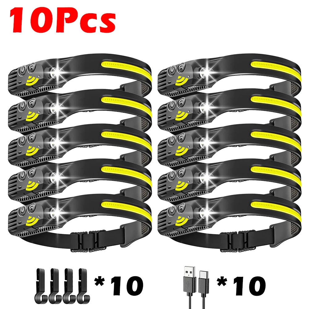 Linterna frontal con sensor LED COB, batería interna, 5 modos, recargable por USB, ideal para camping y trabajo nocturno. Aeuzwr