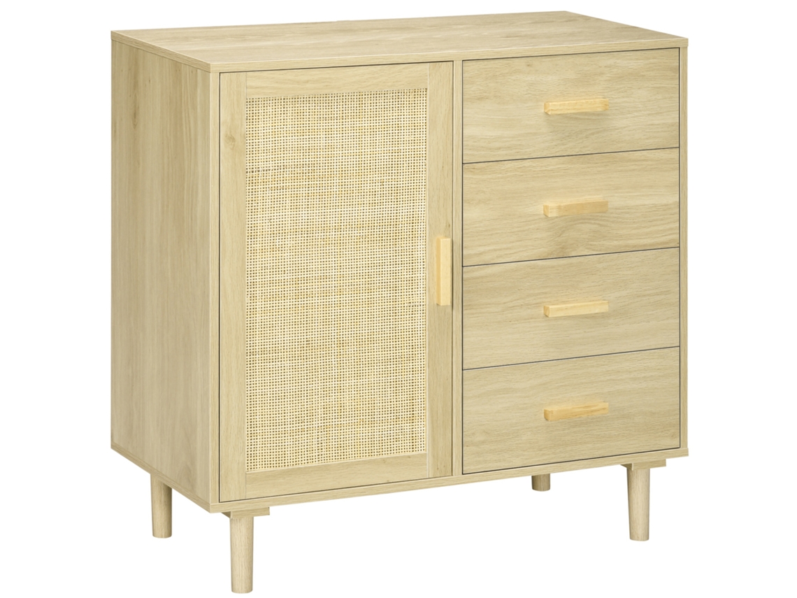Aparador De Ratán Con Armarios Con Frente De Caña Y 4 Cajones, 80 X 38 X 80,5 Cm, Efecto Madera Natural.