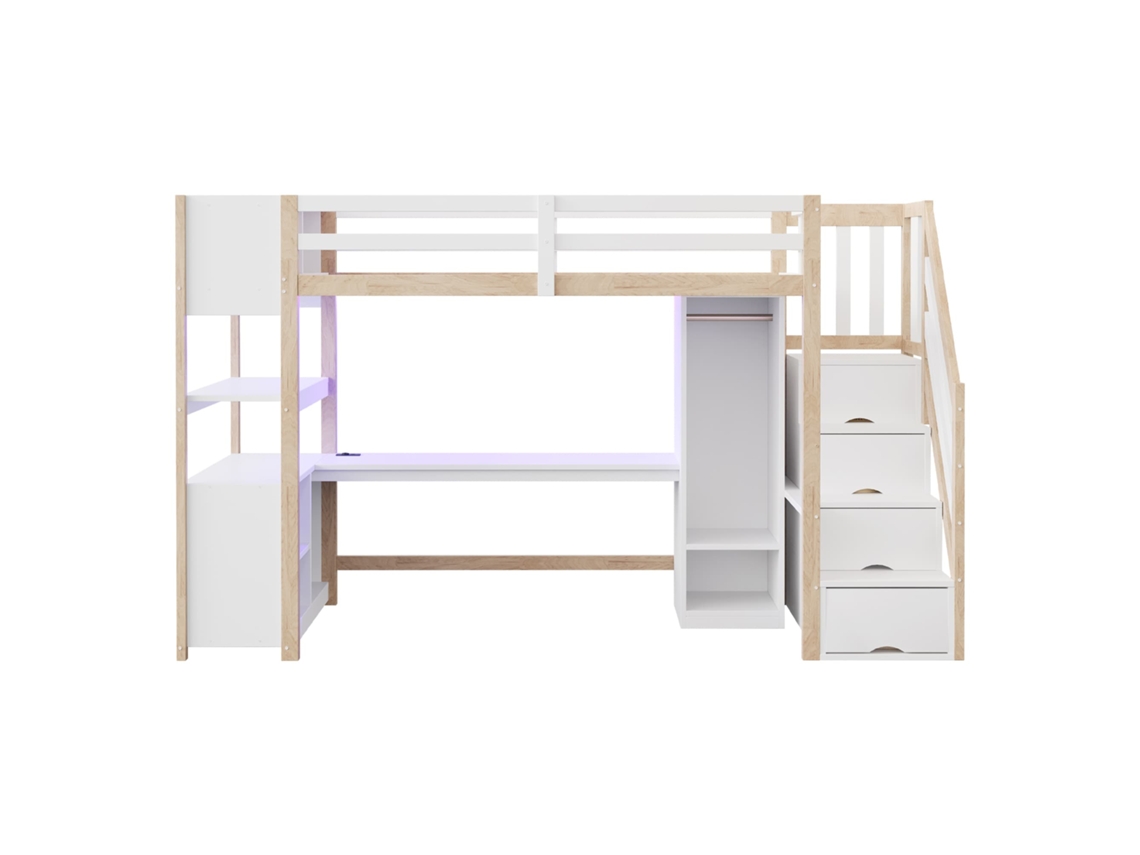 Cama Alta De Madera 90x200 Cm - Escritorio Y Armario Con Almacenaje Y Led - Blanco/natural