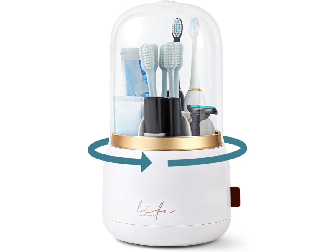 Portacepillos de dientes Aeuzwr giratorio de 360° con 7 compartimentos y tapa de drenaje para pasta de dientes y maquinillas de afeitar (blanco)