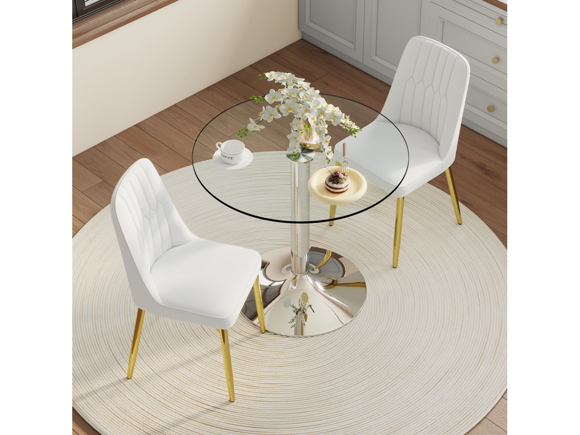 Conjunto Mesa Comedor 85 Cm - Vidrio Templado Con 2 Sillas Pu - Blanco Dorado Plateado