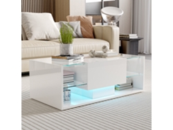Mesa de centro con estante abierto y cajones, mesa de salón con acabado brillo, iluminación LED y tapa de cristal, 100x50x35cm, color blanco.