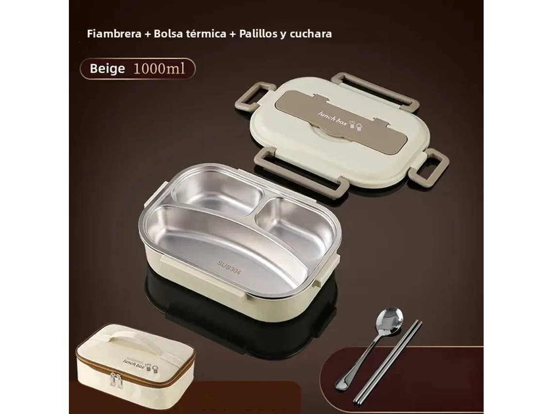 Fiambrera Térmica De Acero Inoxidable 304 Con Divisor, Color Beige, 1000 Ml, Apta Para Microondas Y A Prueba De Fugas.