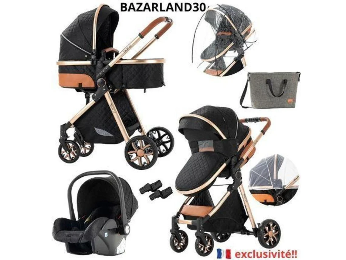 Bazarland30. Carrito 3 En 1 Bebé Combinado Silla De Auto Nacelle Trio Reversible Ajustable Alta Calidad Ruedas Inquebrantables Cana. Negro