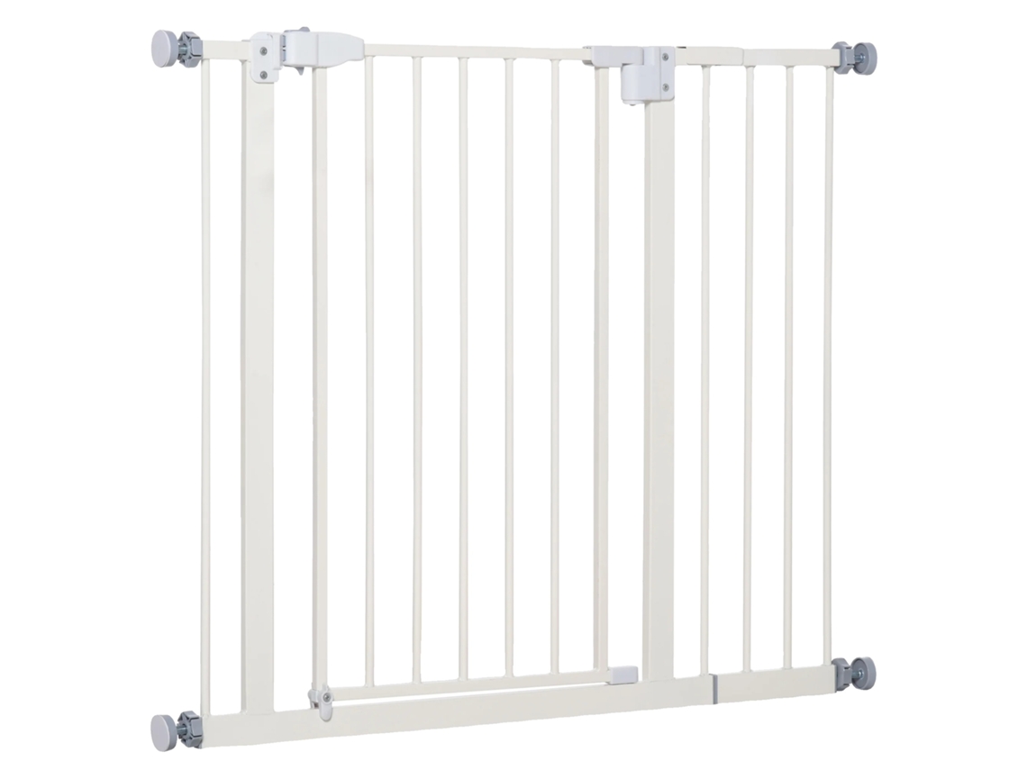 Barrera de seguridad, ancho ajustable de 74 a 97,5 cm, puerta con cerradura, sistema de autobloqueo, color blanco.