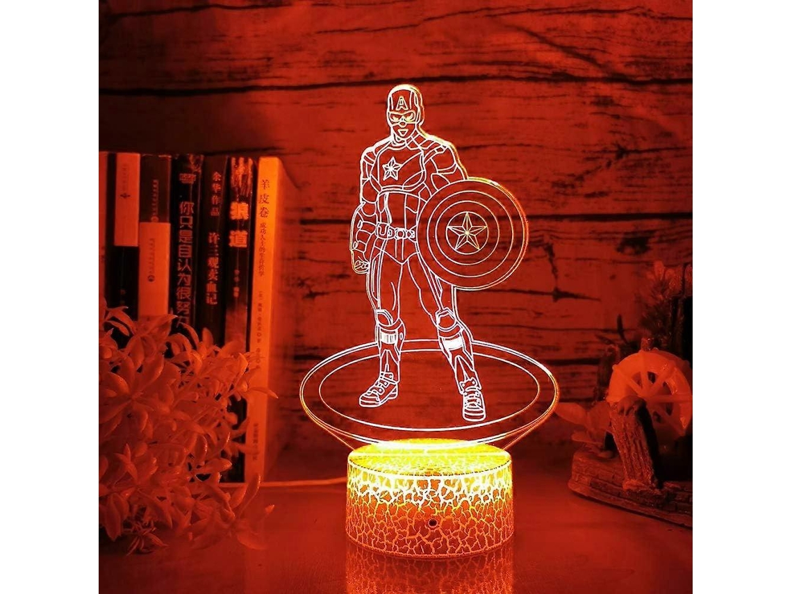 Luz nocturna 3D del Capitán América, Los Vengadores, base blanca agrietada, luz nocturna LED RGB 3D del Capitán América, Rosewell