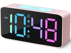 Reloj despertador digital súper ruidoso con pantalla grande, luz nocturna de 7 colores y volumen ajustable, color rosa Cuich