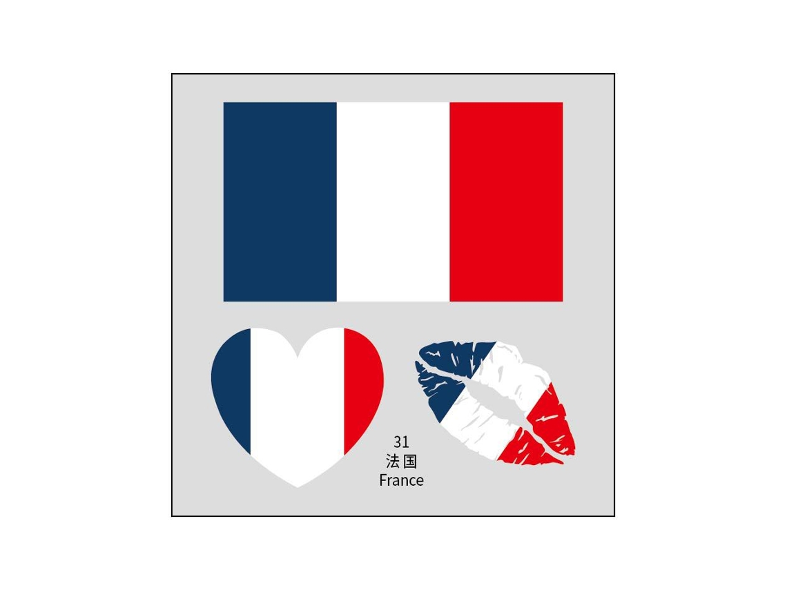 (Francia) Juego de 50 tatuajes temporales con la bandera nacional, pegatinas faciales de transferencia al agua.
