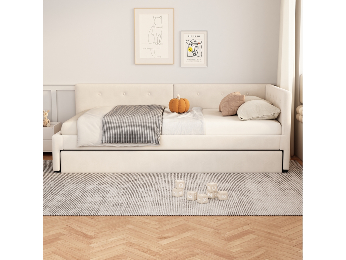 Cama Auxiliar 90x200 Cm, Tela De Terciopelo, Cama Nido 90x190 Cm, Sofá Cama, Estilo Minimalista, Beige