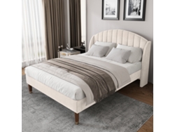 Cama De 140x190 Cm Con Cabecero De Madera Y Tapicería De Terciopelo Beige Para Adolescentes.