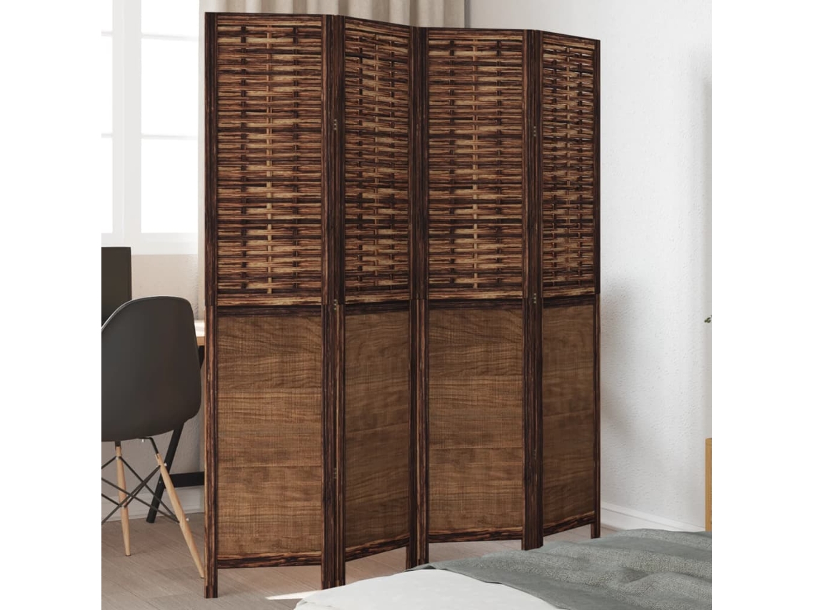 Separador de ambientes | Biombo de privacidad con 4 paneles, madera maciza de paulownia marrón oscuro.