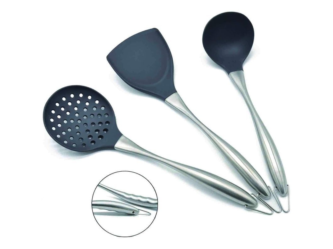 Utensilios De Cocina De Silicona Antiadherente, Resistentes A Los Arañazos, Juego De 3 Piezas, Acero Inoxidable Y Silicona Apta Para Uso Alimentario.