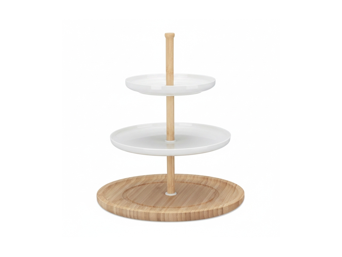 Relaxdays Etagere Bambú Y Cerámica 3 Niveles, Bandeja 30 X 36 Cm Para Galletas, Fruta Y Aperitivos, Blanco Natural