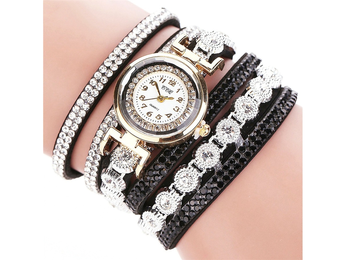 Reloj De Pulsera Multicapa Para Mujer Ccq Con Diamantes De Imitación, Movimiento De Cuarzo De Aleación, Color Negro.