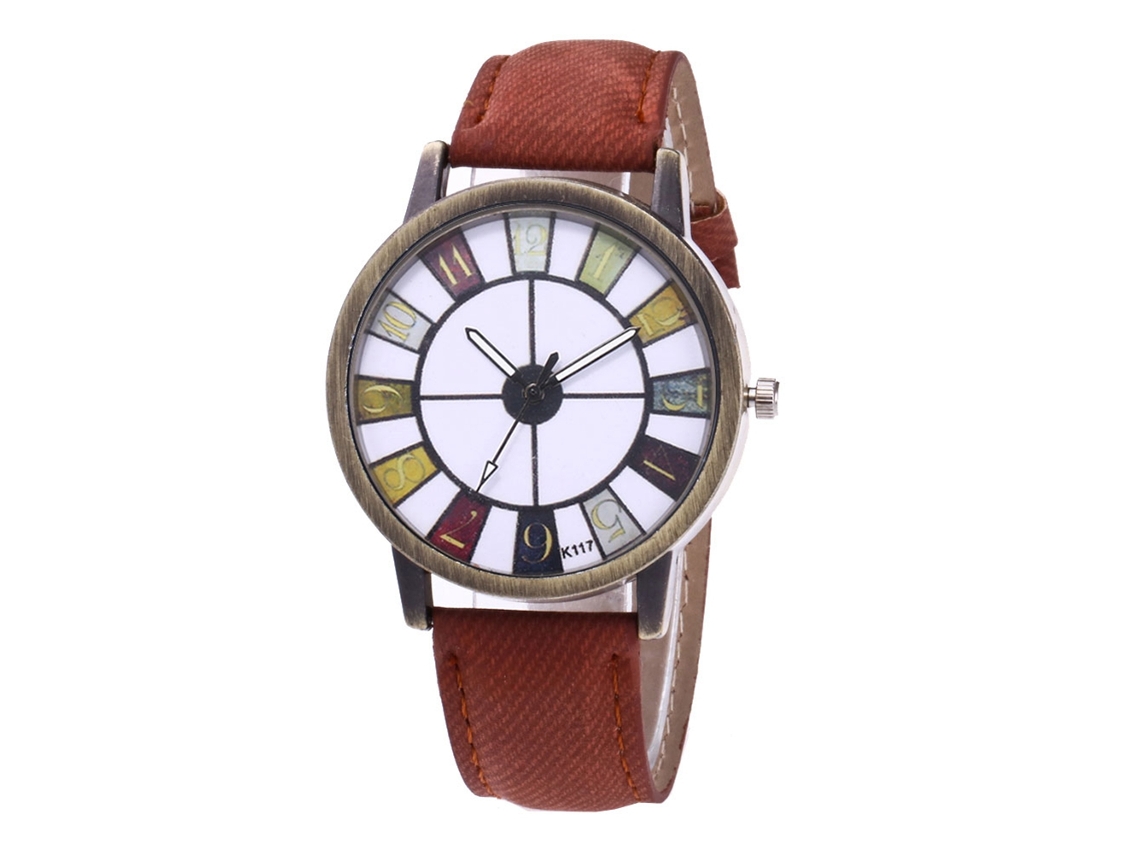 Reloj De Pulsera Informal De Cuero Vaquero Con Movimiento De Cuarzo Para Hombre Y Mujer (marrón Oscuro)