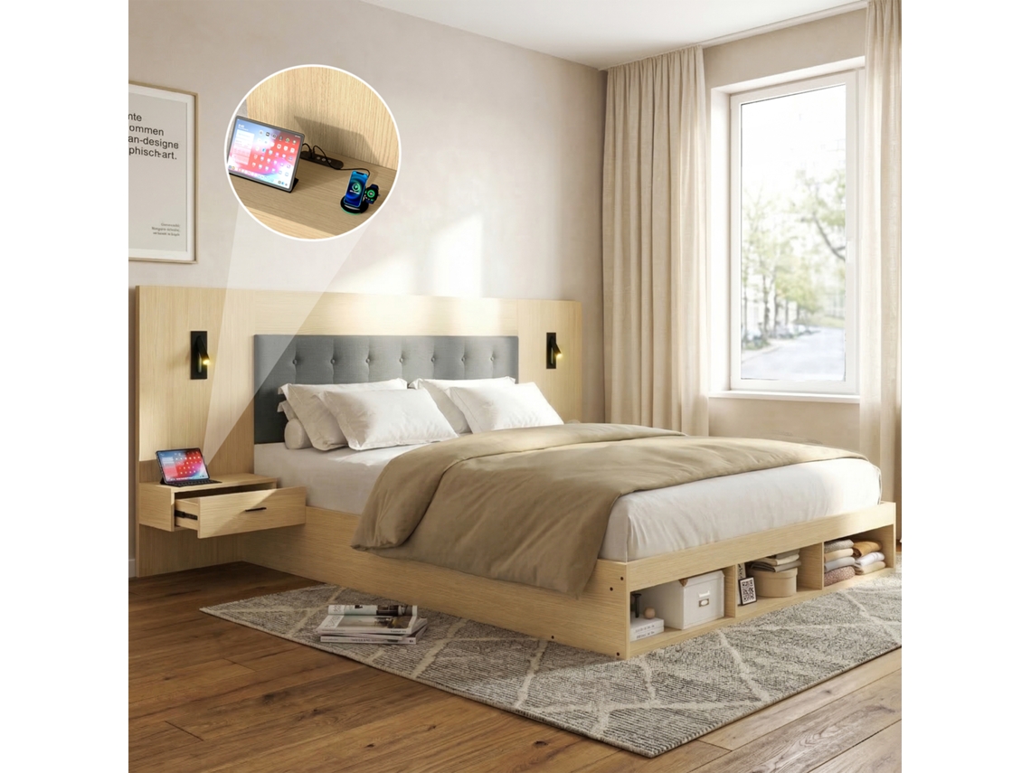 Cama Doble 160x200 Cm - Con Almacenamiento, Madera, Juvenil, Usb Y Type-c, Lámpara De Lectura, 2 Mesitas De Noche - Roble Claro