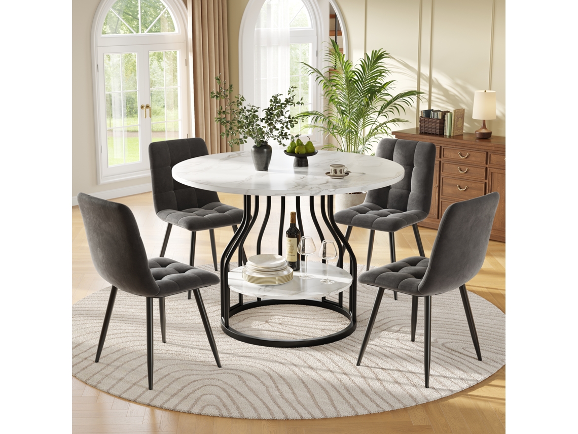 Conjunto De Comedor Redondo De 5 Piezas 80 Cm Con Tablero Mdf Marmoleado, Patas Negras Y 4 Sillas De Terciopelo Gris