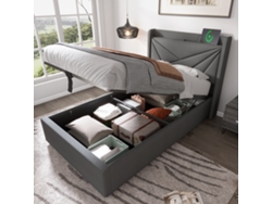 Cama Individual De 90x200 Cm Con Espacio De Almacenamiento, Cabecero Con Puerto Usb-c, Tapizada En Tela De Lino, Base Incluida, Colchón No Incluido.