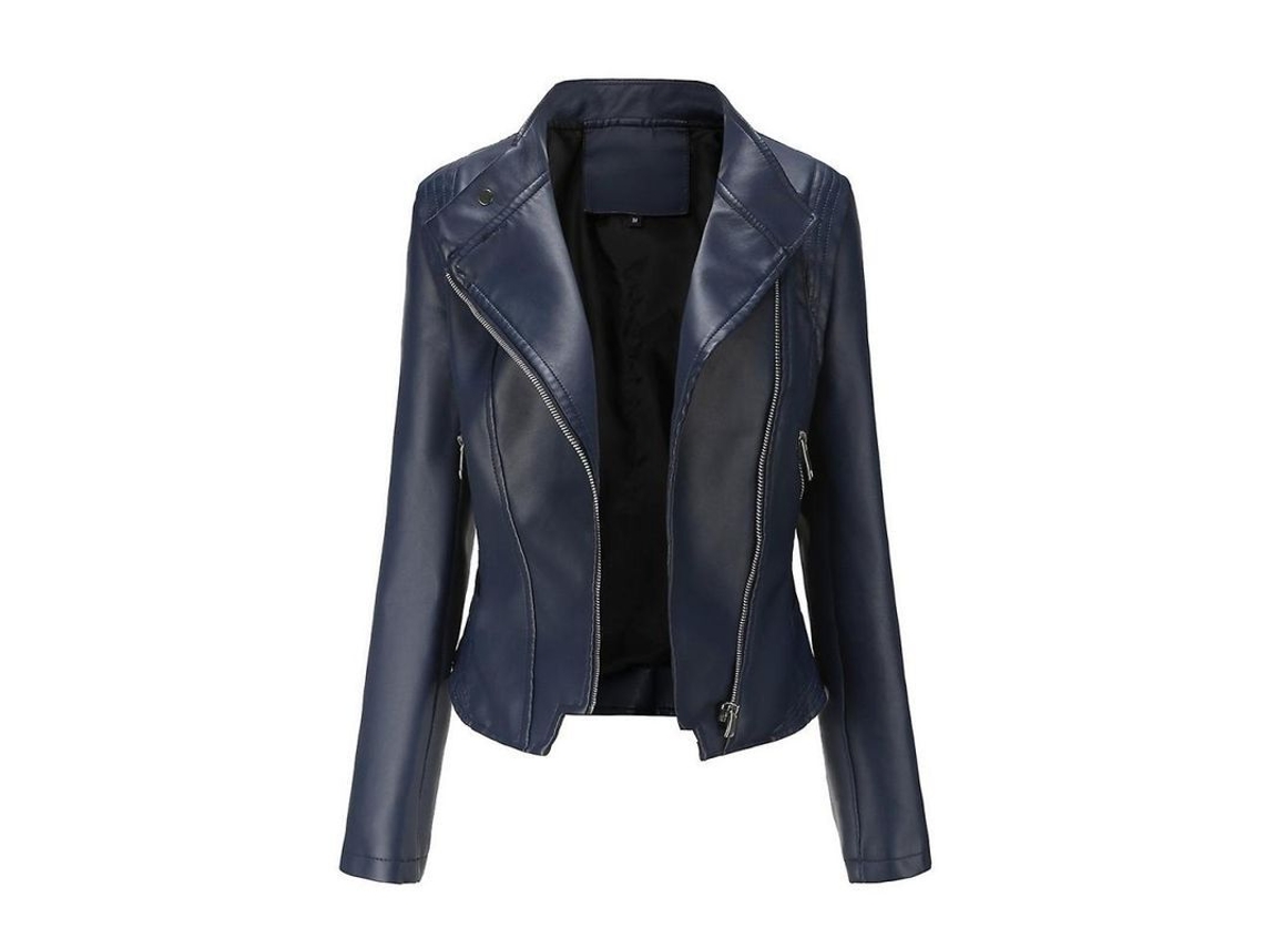 Jaqueta curta feminina de couro PU com corte slim e zíper assimétrico, tamanho XL, azul escuro, modelo 2026, ideal para motociclistas e uso casual.