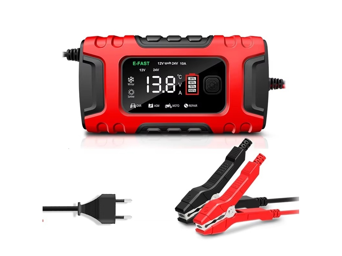 Cargador de batería automotriz totalmente automático Eafc 10a de 12 V y 24 V con función de reparación de pulsos y pantalla LCD digital.